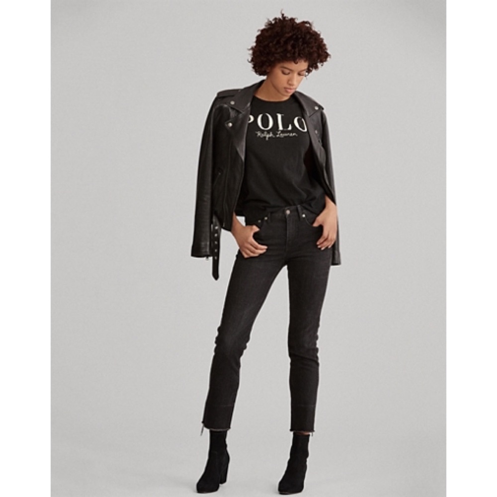 NWT Ralph Lauren Waverly Straight High Rise Crop Raw Frayed Jeans Denim Black - Picture 3 of 5